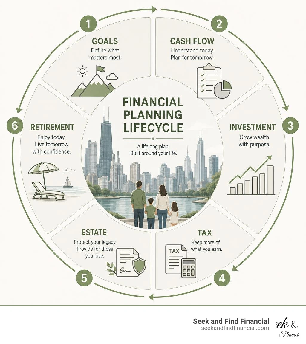 Financial planning lifecycle infographic showing goals, cash flow, investment, tax, estate, and retirement stages infographic Financial planning lifecycle infographic showing goals, cash flow, investment, tax, estate, and retirement stages infographic