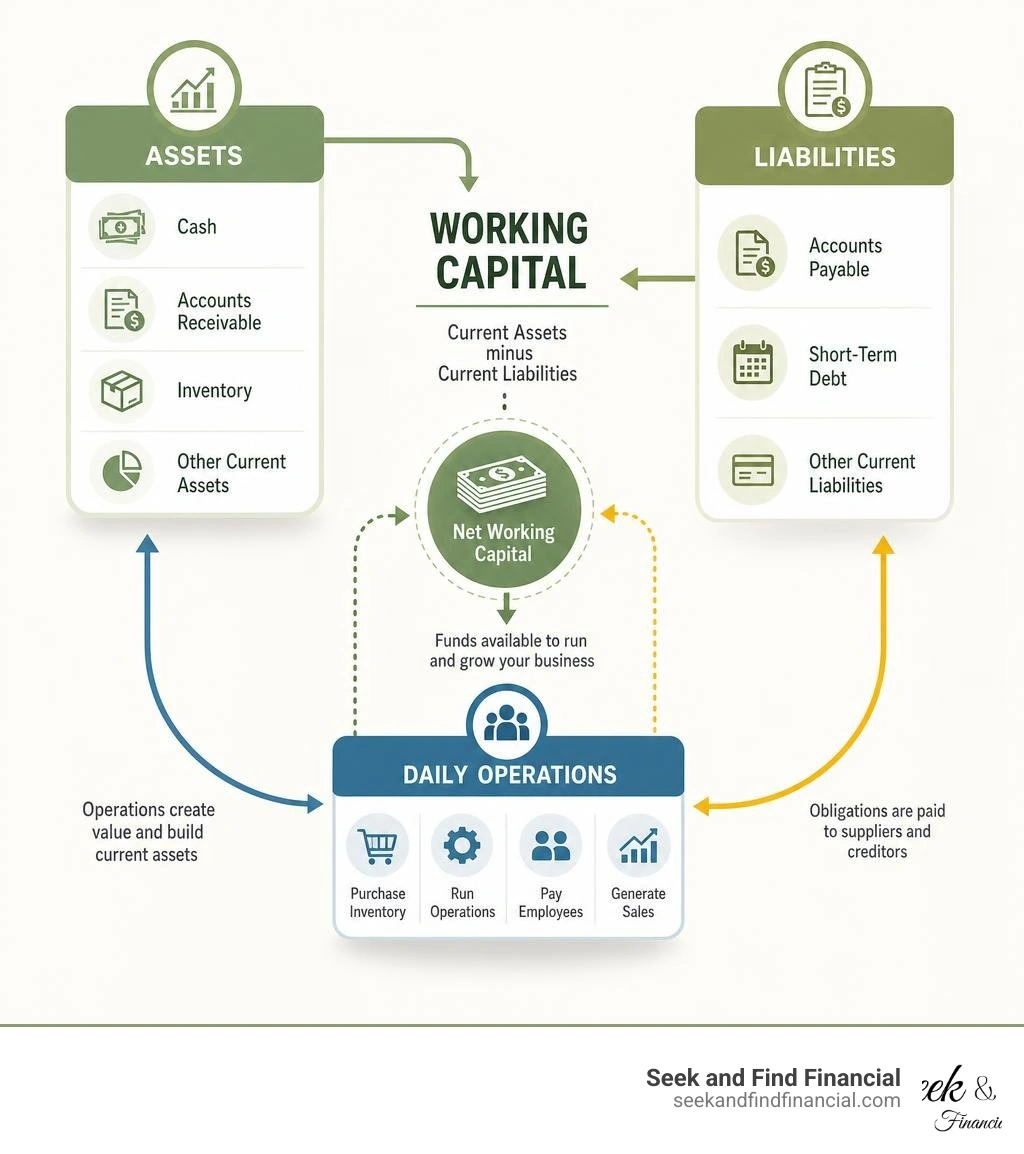 Infographic showing the flow of working capital from assets to liabilities and daily operations infographic Infographic showing the flow of working capital from assets to liabilities and daily operations infographic