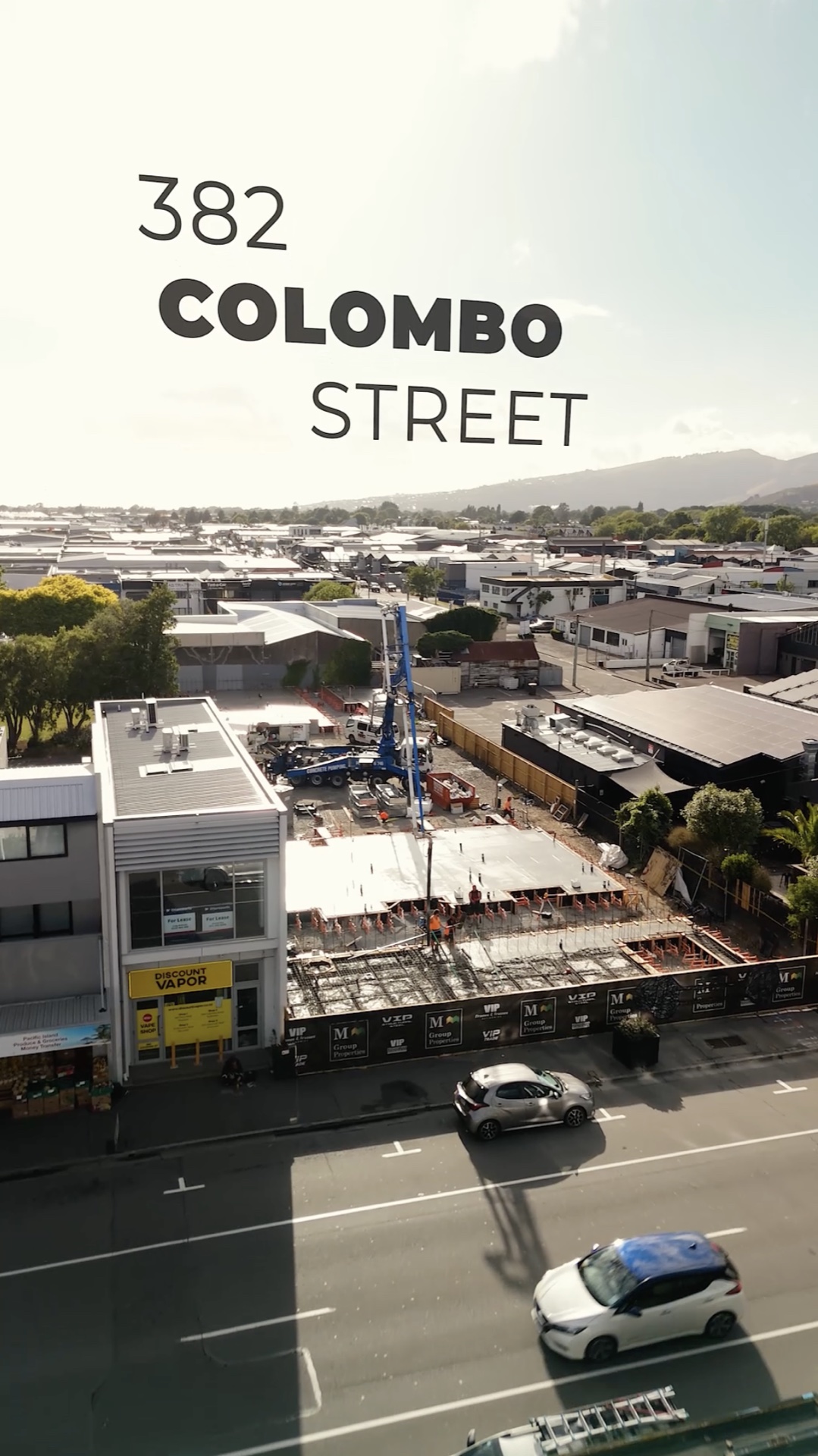 Aerial of the 382 Colombo Street development site with a crane on site