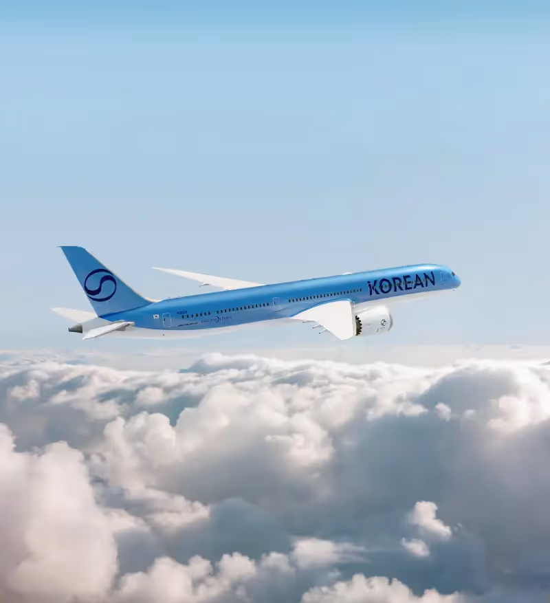 Avion de la compagnie Korean Air survolant une mer de nuages, en plein ciel
