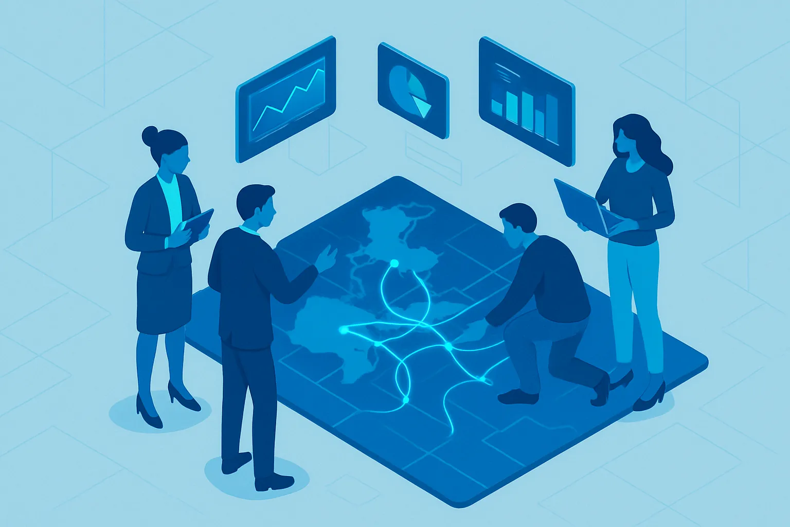 Une équipe examine une carte numérique des flux de données interconnectés.