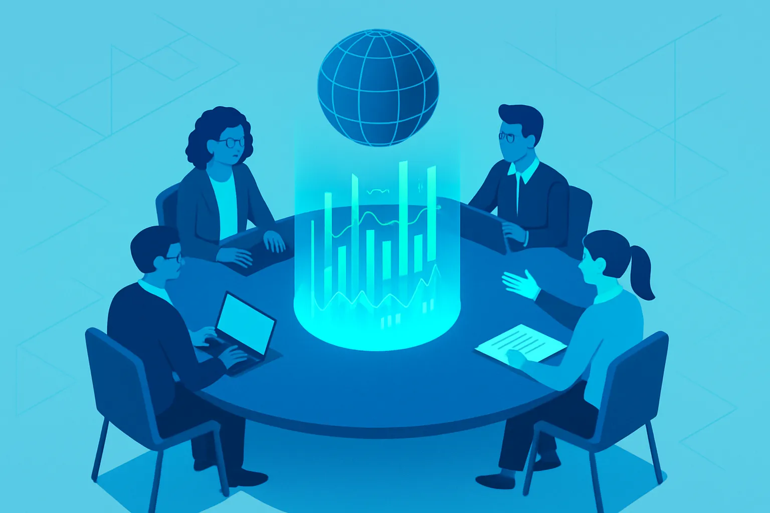 Une équipe autour d'une table circulaire, exploitant des données holographiques.