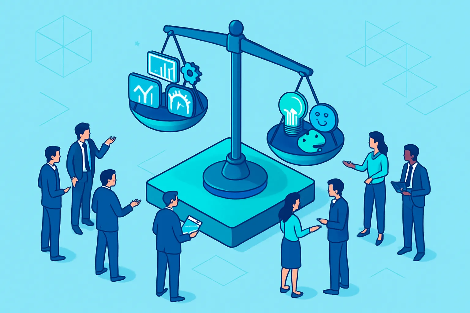 Une balance illustrant la différence entre des KPI techniques et immatériels.