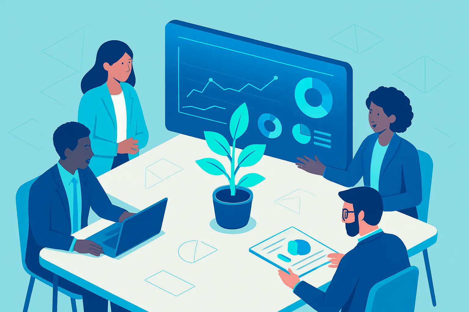 Une équipe discute autour d'une table, avec un tableau numérique et une plante au centre.