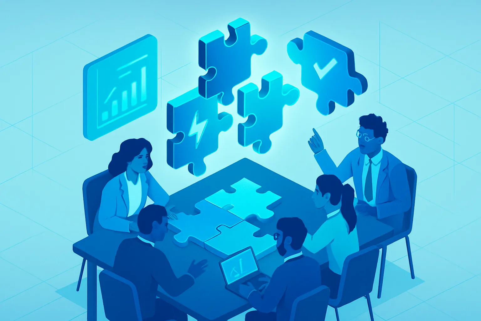 Une équipe collaborative résolvant des défis métier autour d'une table.