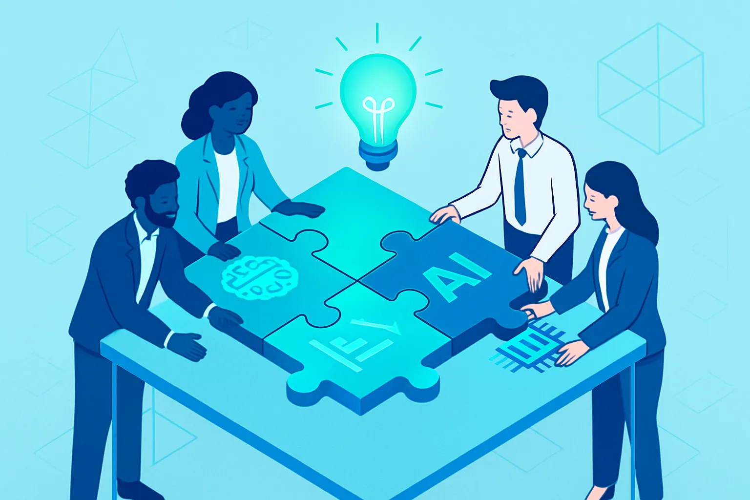 Des professionnels construisent ensemble un puzzle représentant un projet d'IA.