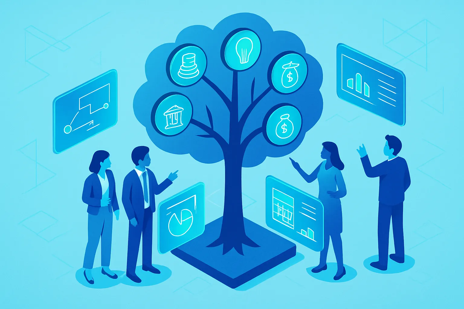 Un arbre symbolisant les financements, entouré de professionnels en discussion.