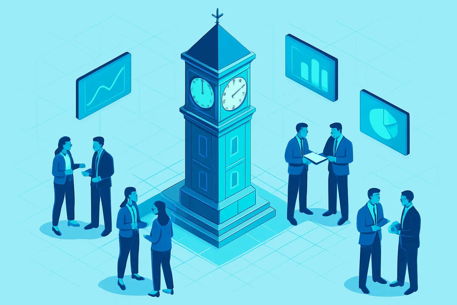 Des professionnels discutent d'échéances budgétaires autour d'une horloge symbolique.