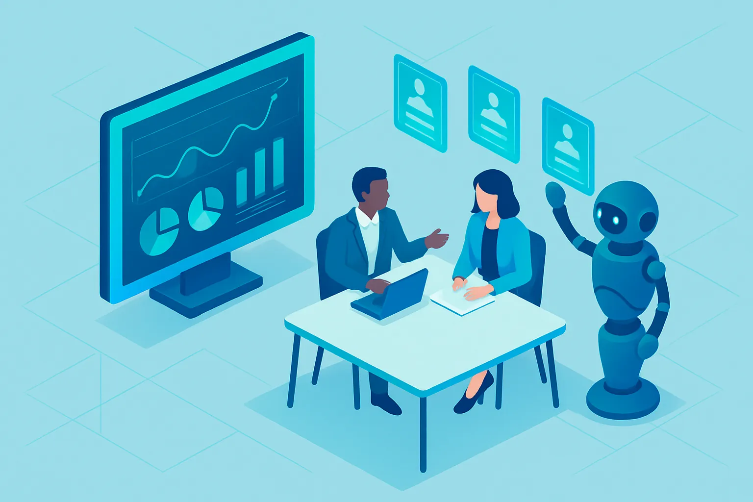 Des professionnels collaborent avec un agent robotique pour optimiser la prospection.