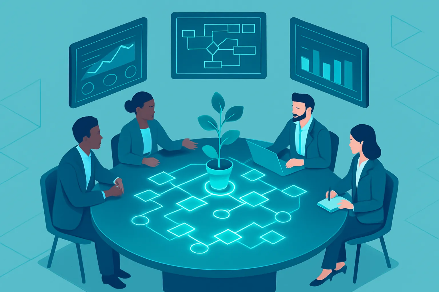 Une équipe examine un plan interactif des processus, symbolisant l'audit avant un projet.