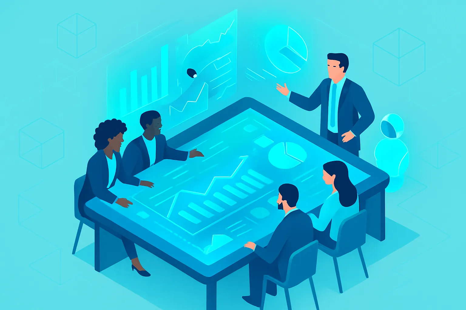 Une équipe analyse des données sur une table interactive avec des graphiques holographiques.