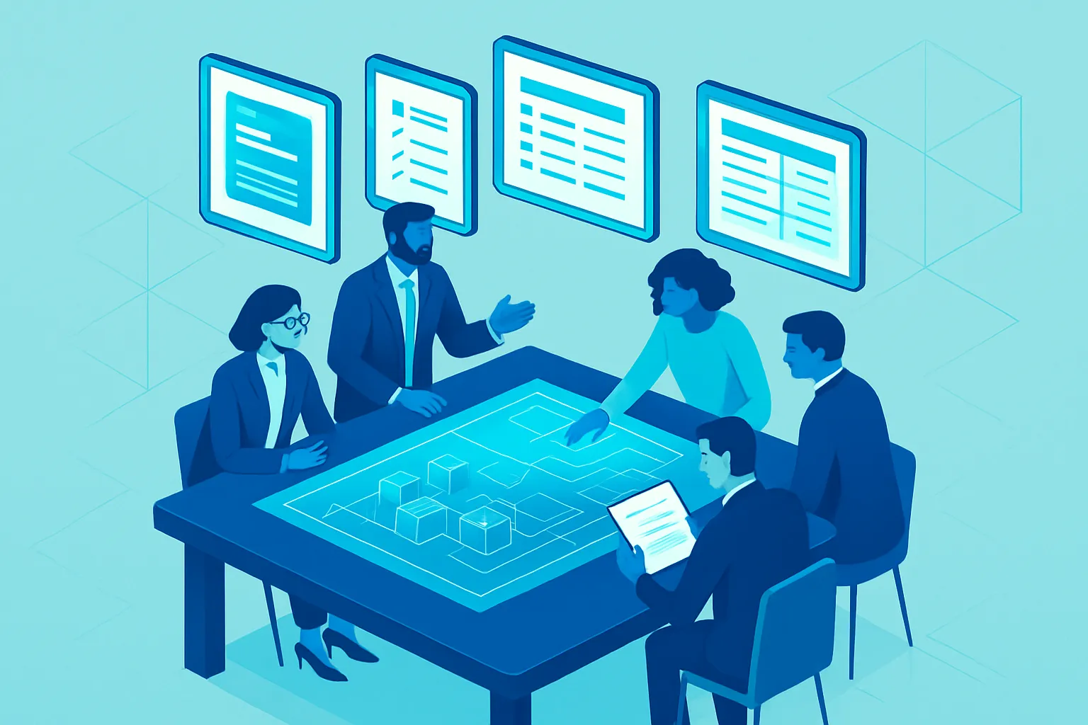 Des professionnels collaborent autour d'une table, explorant des formats de devis.