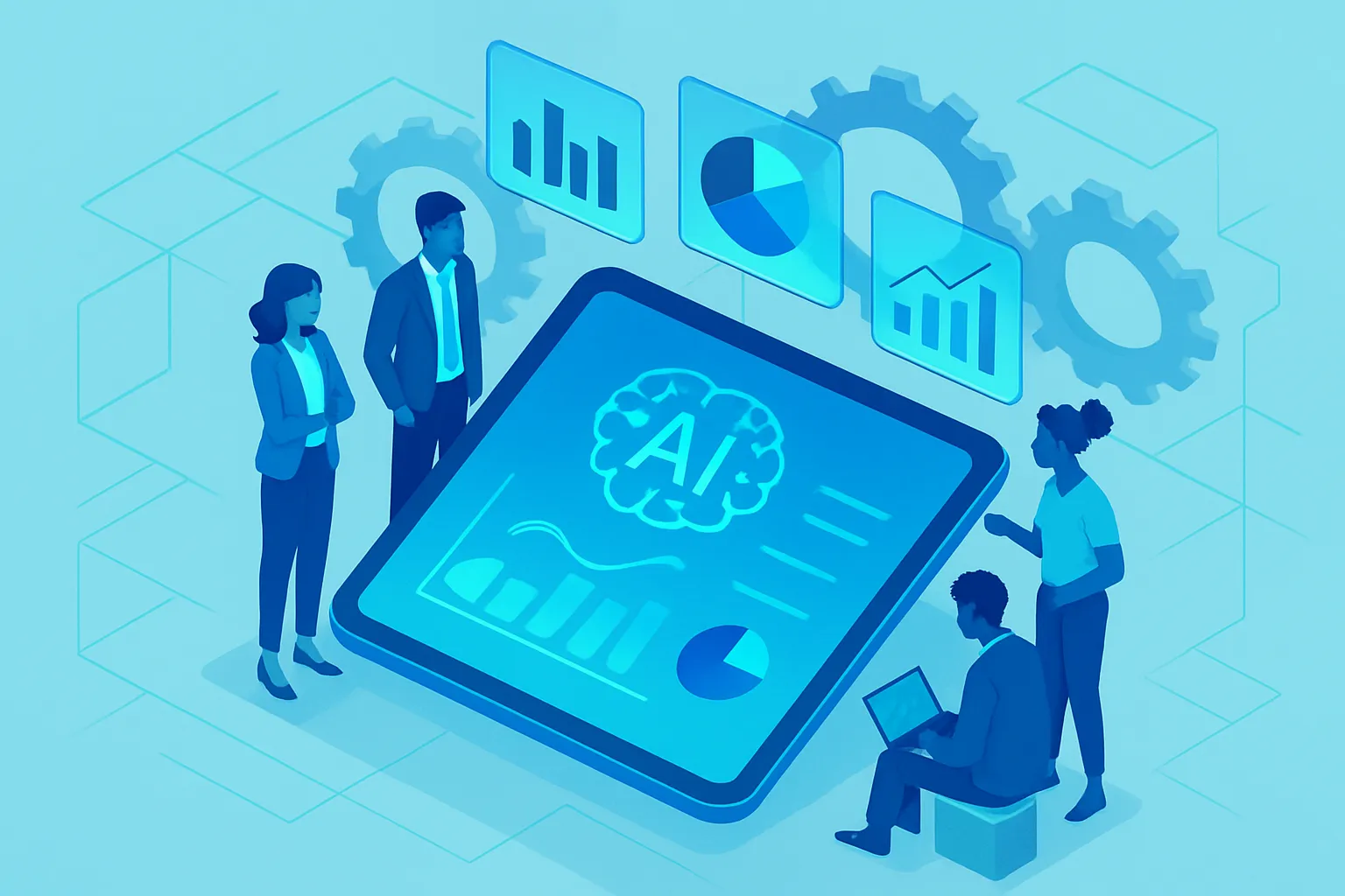 Une équipe de professionnels analysant un rapport numérique sur l'IA.