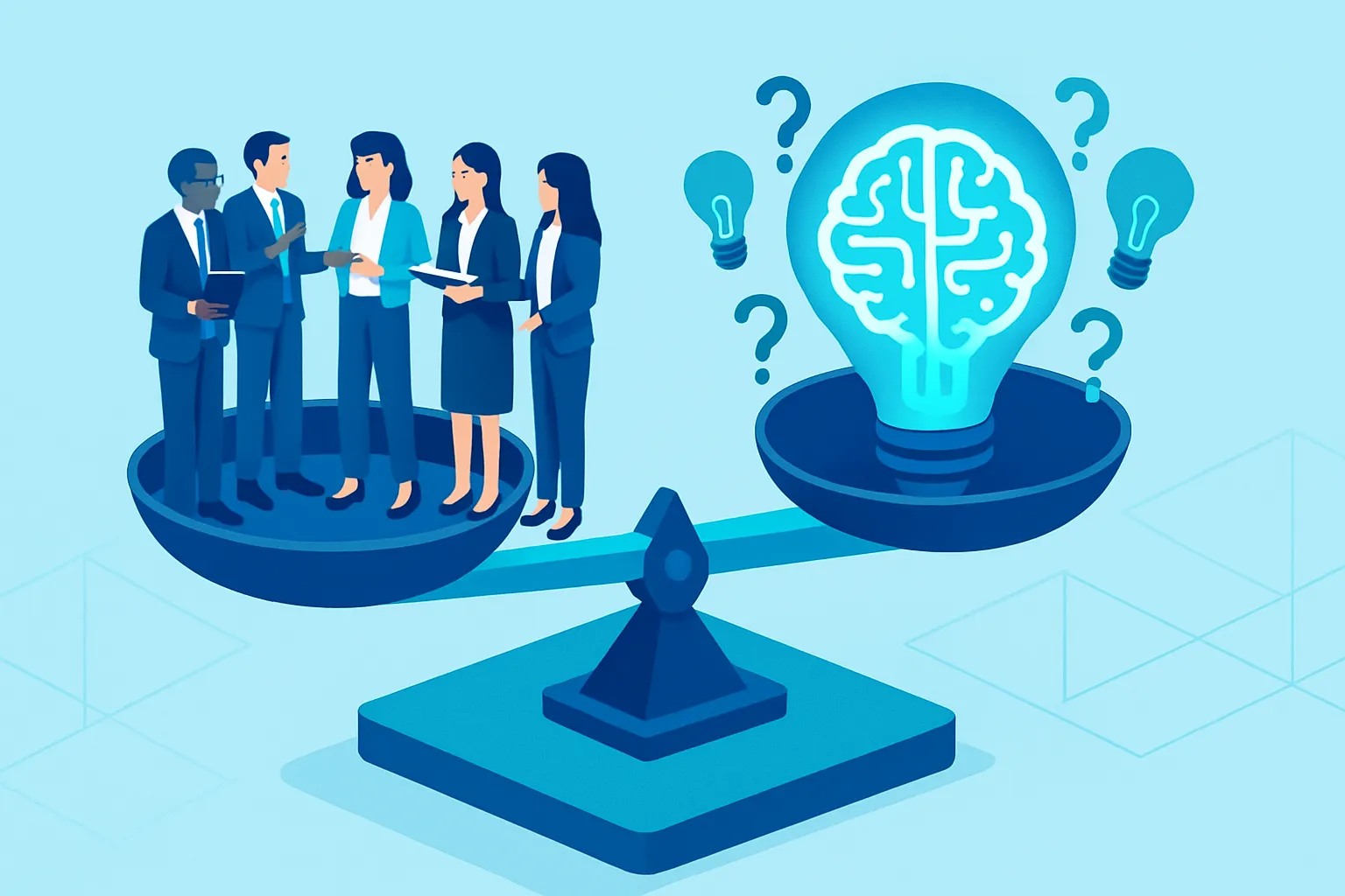 Une balance symbolisant l'éthique, avec une équipe discutant et une intelligence artificielle.