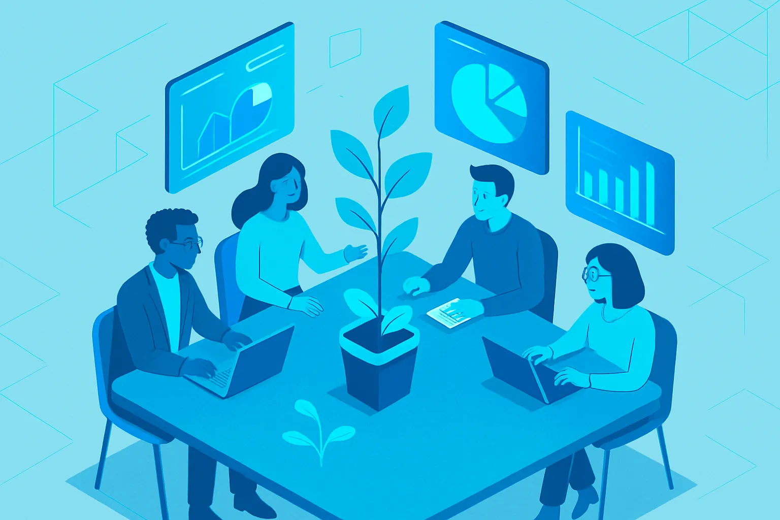 Une équipe diversifiée échange autour d'une table, symbolisant la collaboration humaine.