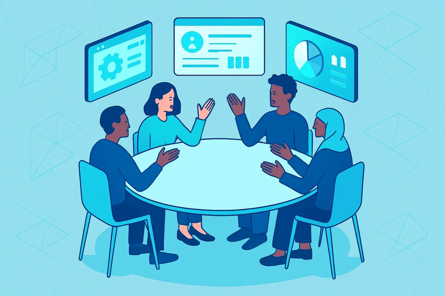 Une table ronde où des personnages discutent, entourés d'écrans d'informations.