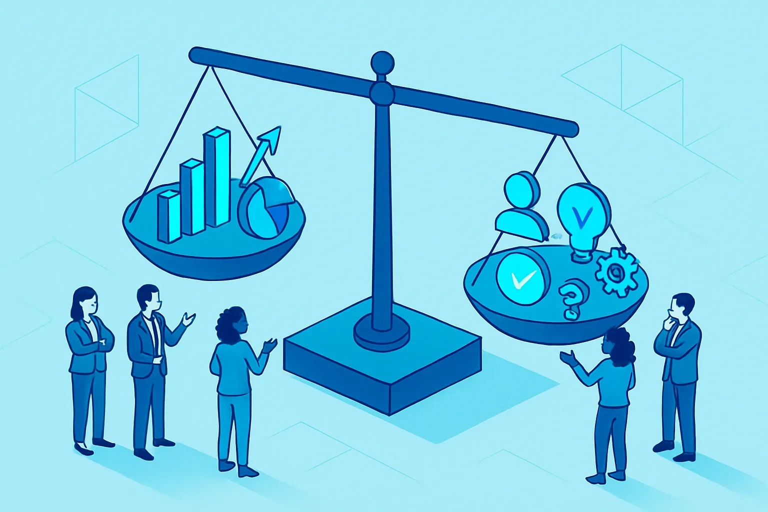 Une balance symbolisant la mesure et la prise de décision au sein d'une équipe.