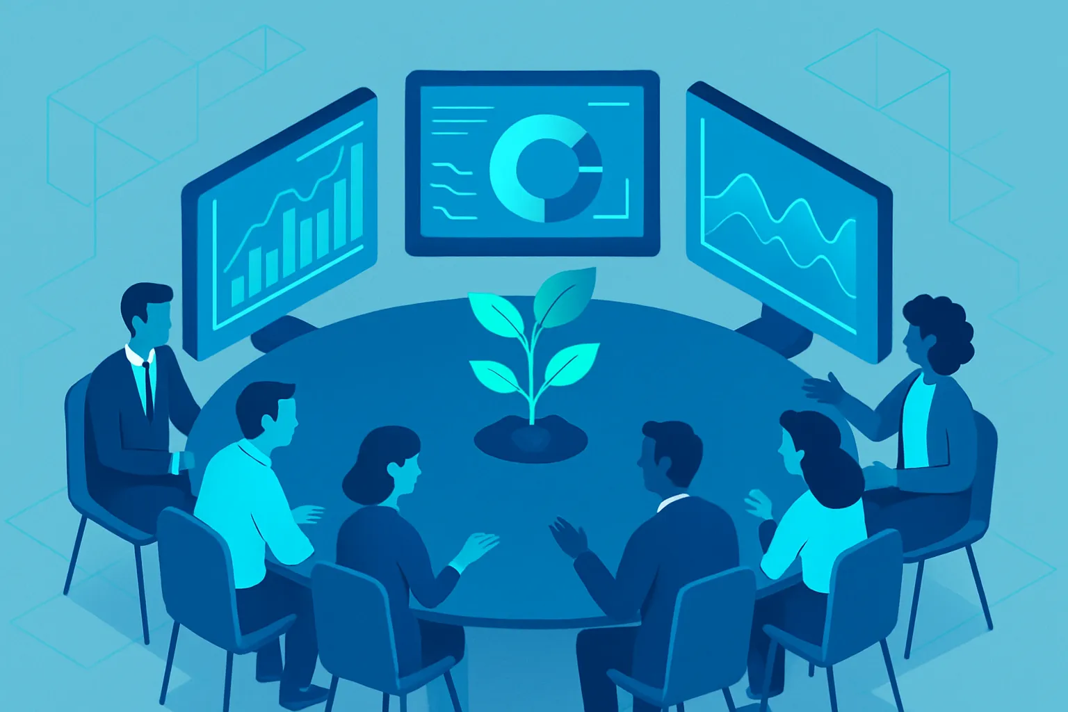 Des professionnels discutent autour d'une table, analysant des indicateurs de croissance.