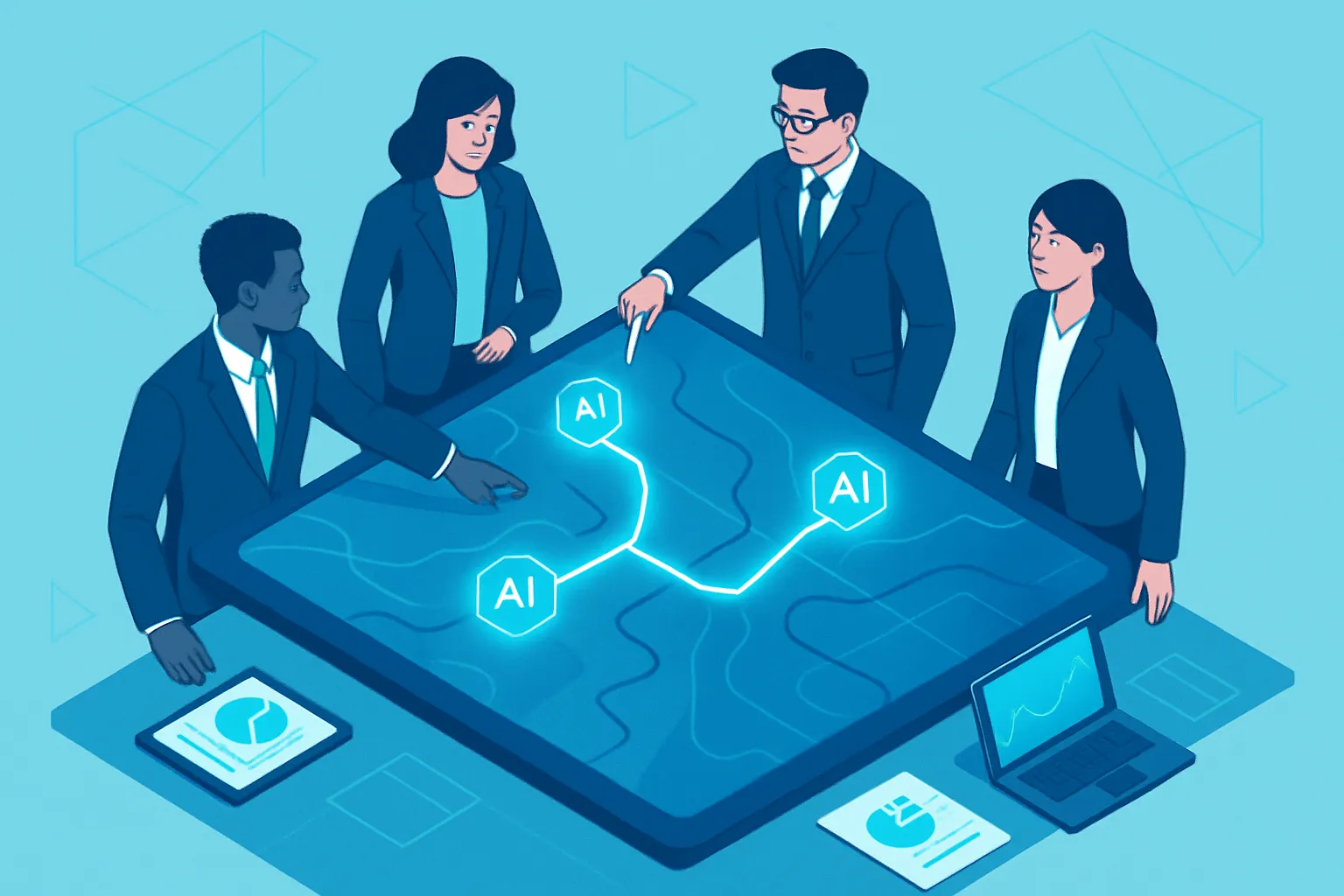 Une équipe dirigeante discute d'une carte numérique illustrant des trajectoires d'innovation.