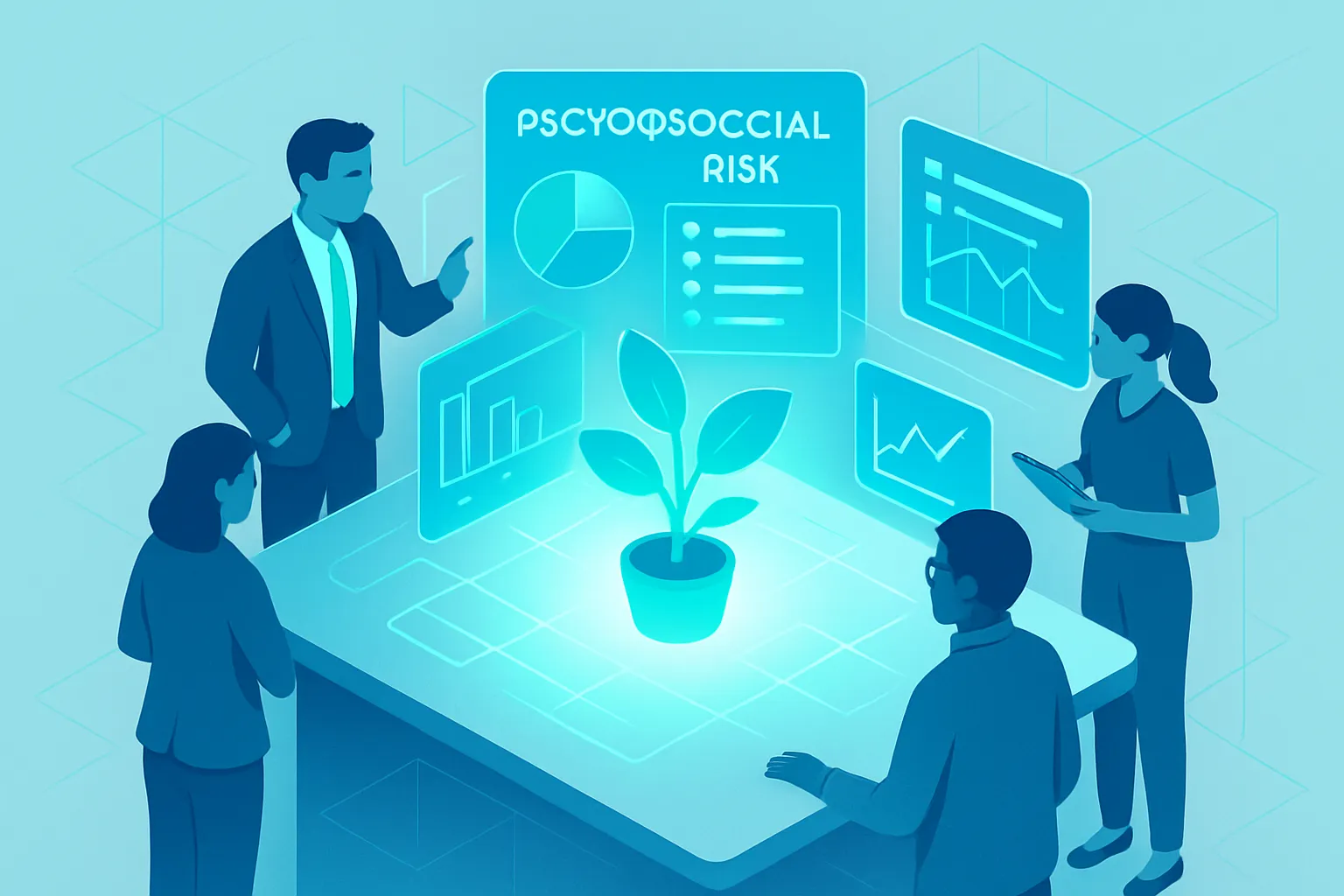Une équipe examine des données sur les risques psychosociaux autour d'une table lumineuse.