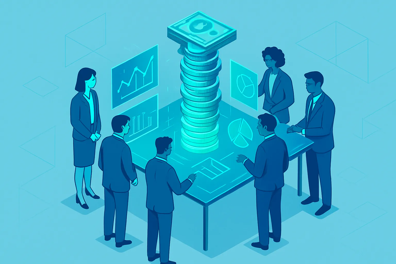 Des professionnels examinent des graphiques holographiques sur le financement.