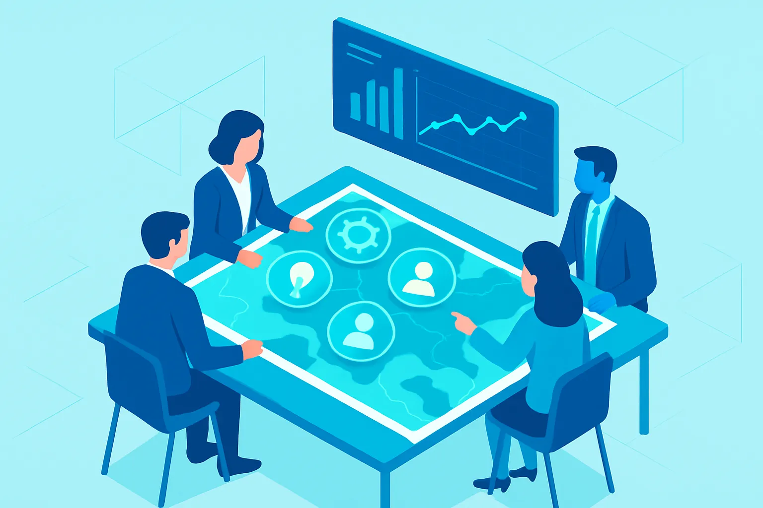 Une équipe examine une carte des besoins de formation autour d'une table.