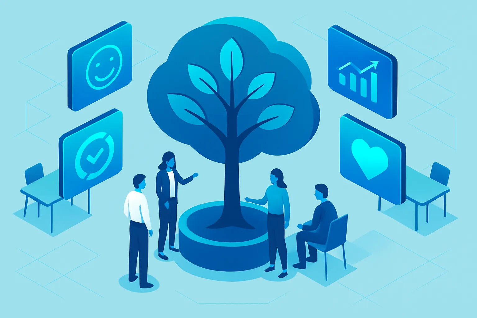 Un environnement de bureau paisible avec des employés autour d'un arbre symbolisant la croissance.