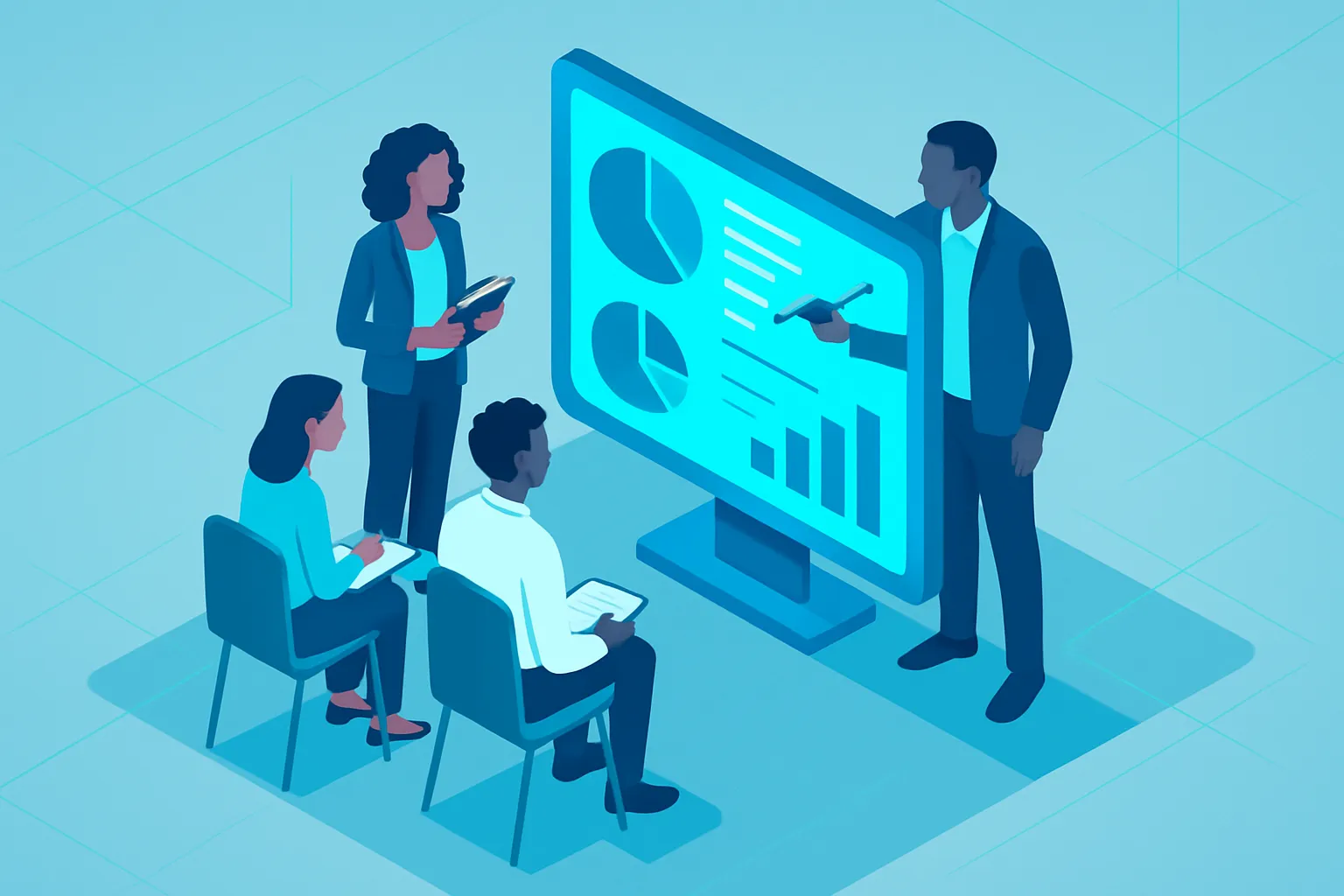 Un groupe de professionnels examine ensemble des résultats d'études sur un écran interactif.