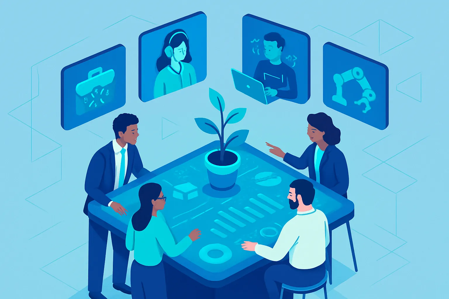 Une équipe diverse discute autour d'une table interactive sur l'impact de l'IA.