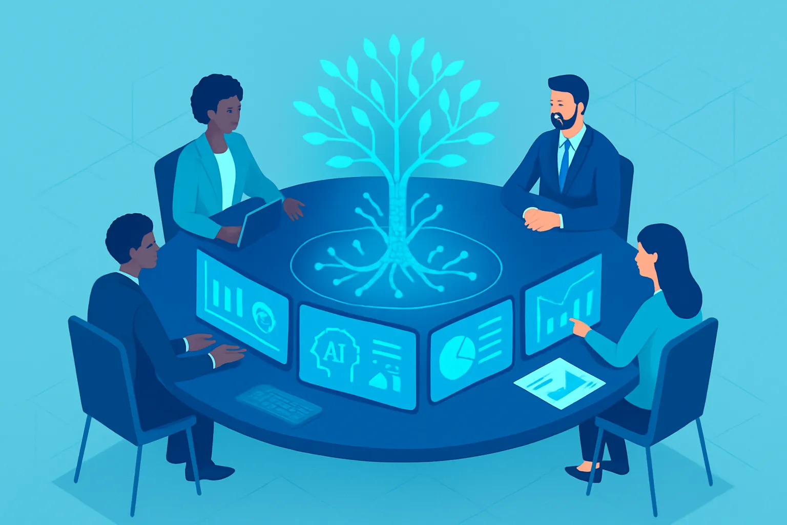 Une équipe diverse travaille ensemble autour d'une table, symbolisant la collaboration.
