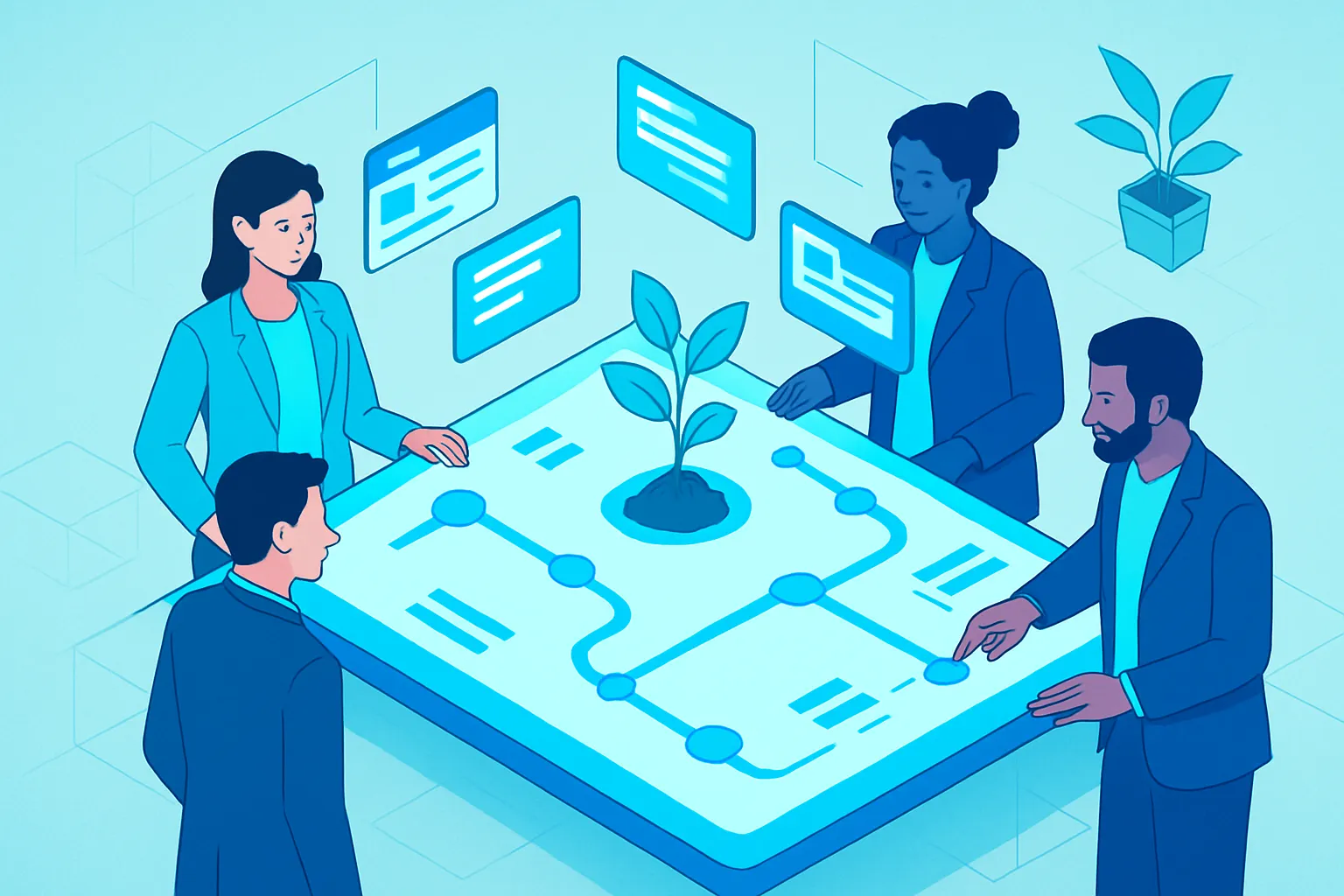 Une équipe diverse autour d'une table numérique, symbolisant la collaboration et la croissance.