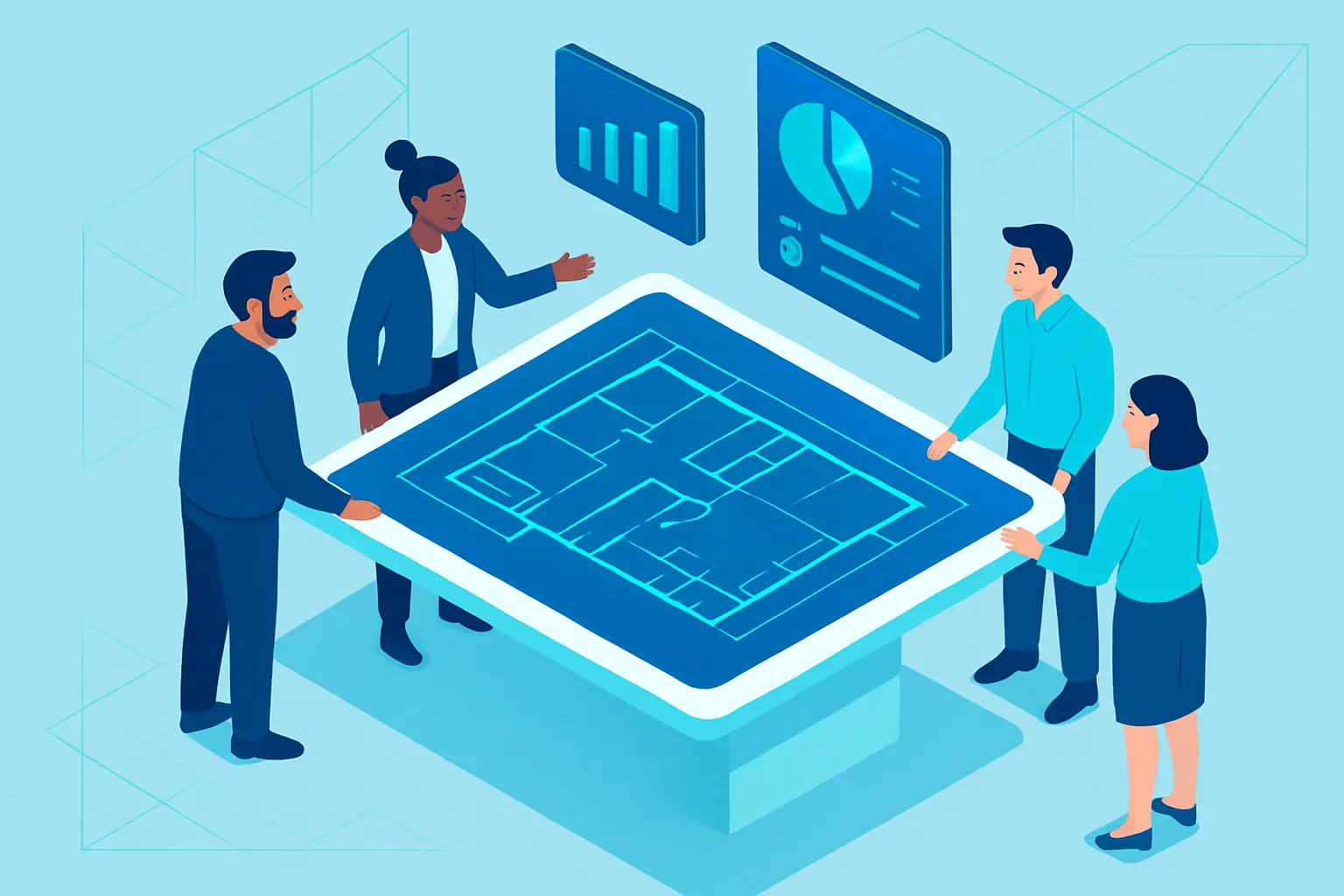 Une équipe discutant des formats digitaux autour d'une table interactive.