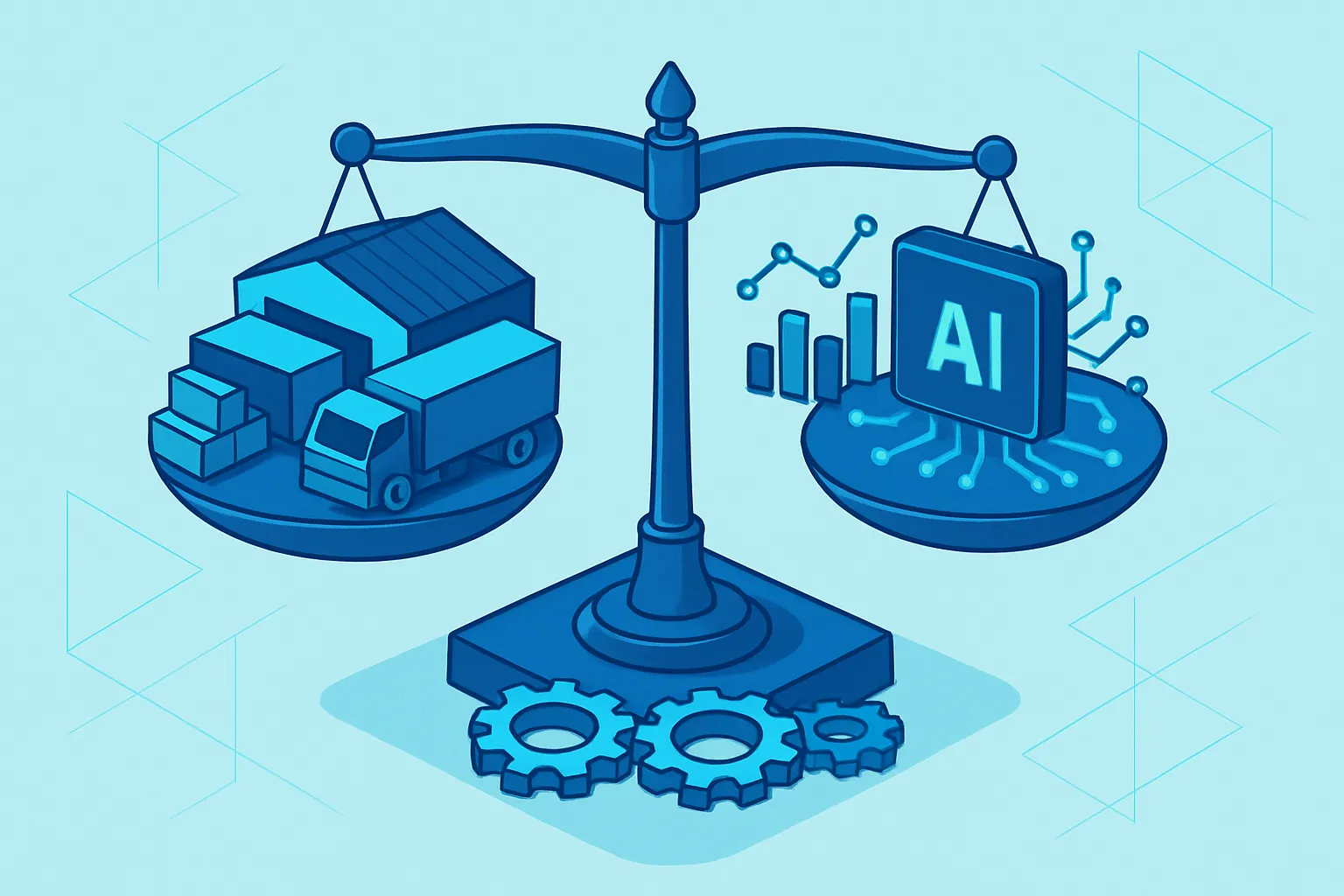Une balance illustrant l'harmonie entre la chaîne d'approvisionnement et l'intelligence artificielle.