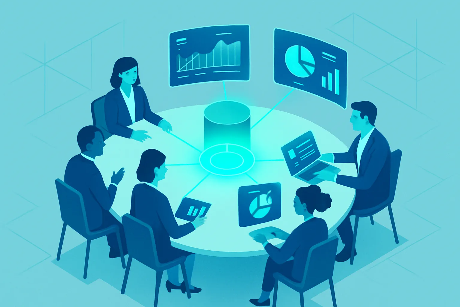 Une table ronde avec des dirigeants analysant des données sur des écrans flottants.