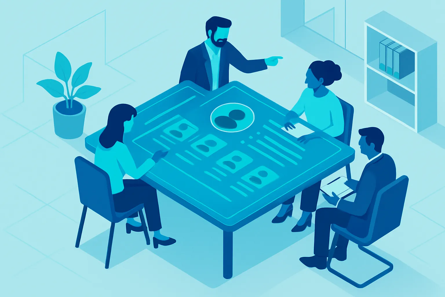 Une équipe diverse discute des profils de candidats autour d'une table interactive.