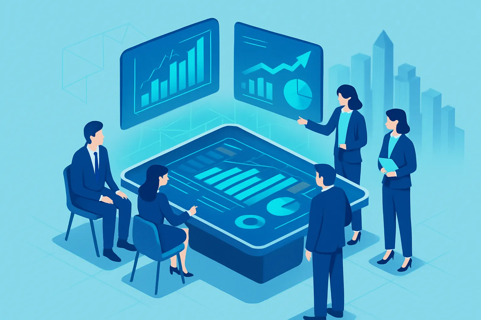Une équipe examine des graphiques holographiques sur le retour sur investissement.