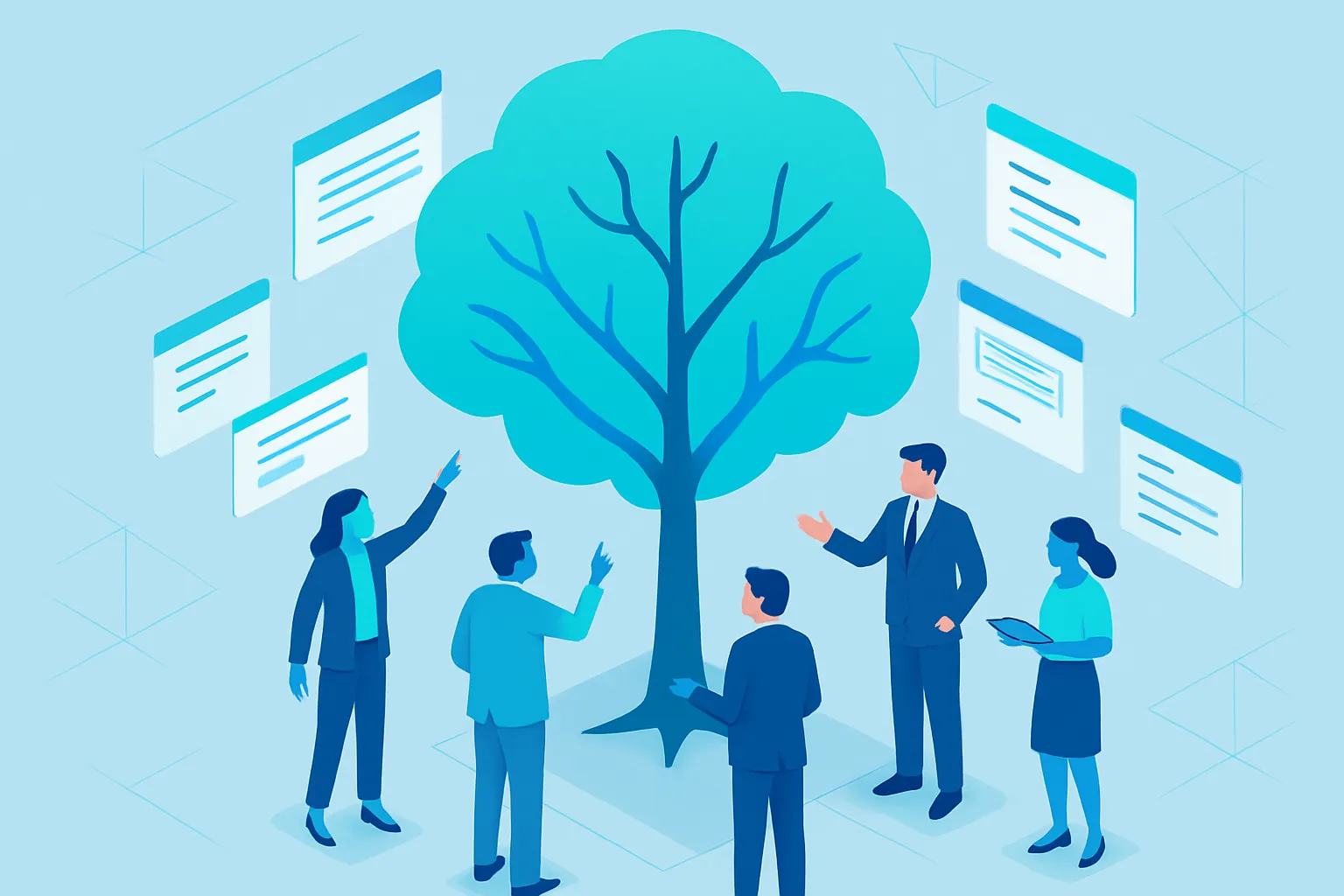 Un arbre illustrant des termes de vocabulaire, entouré de professionnels en discussion.