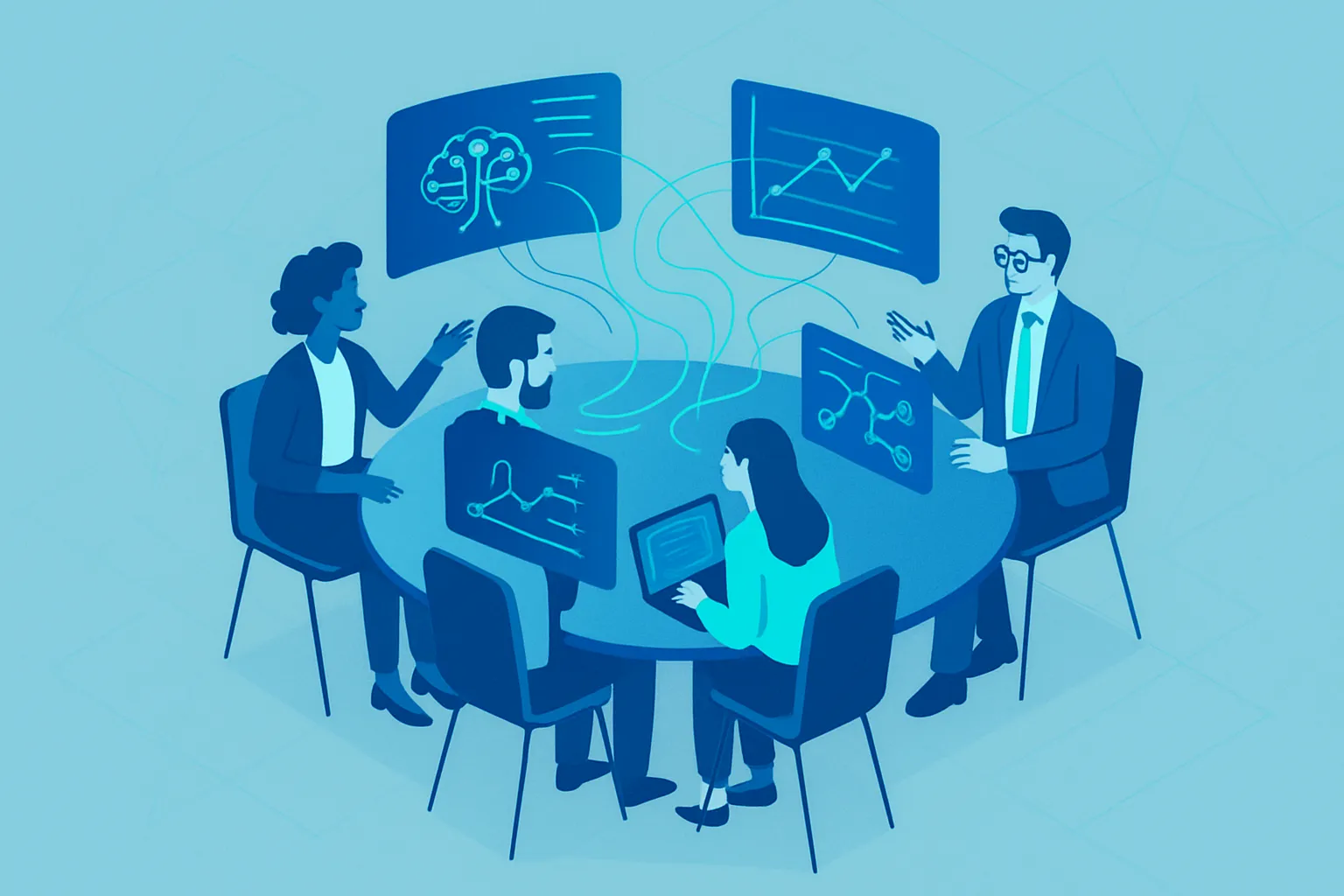 Une équipe de professionnels échangeant des idées autour d'une table circulaire.