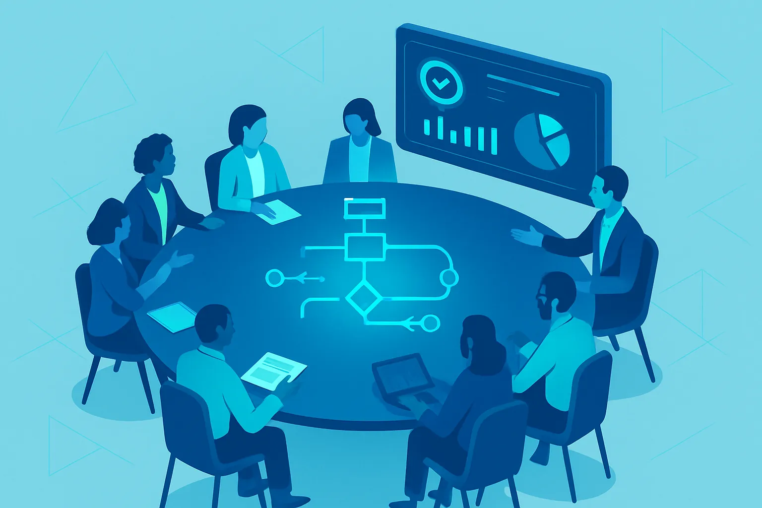 Des professionnels collaborent autour d'une table pour superviser un algorithme innovant.