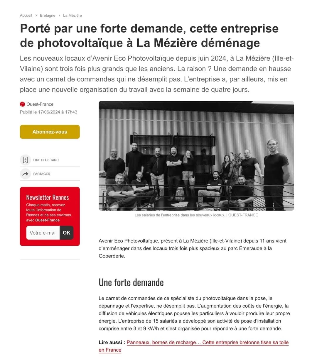 Article de presse Avenir Eco Photovoltaique Rennes
