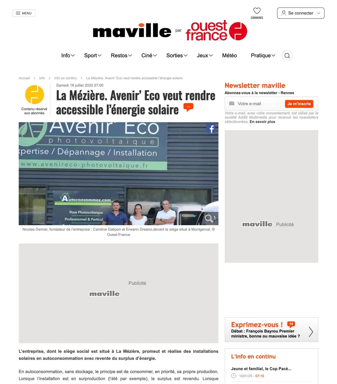 Article de presse Avenir Eco Photovoltaique Rennes