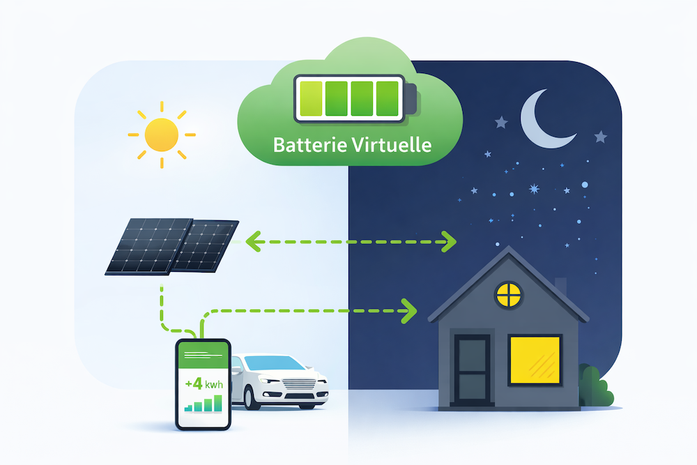 Schéma de la batterie virtuelle : le surplus solaire de la journée est comptabilisé puis récupéré le soir et l'hiver