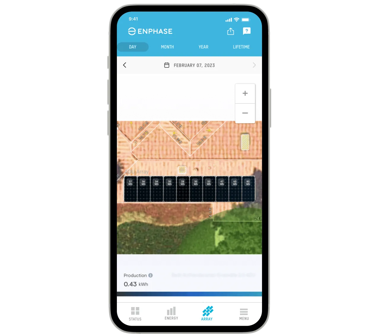 Vue panneau par panneau de l’application Enphase montrant la production de chaque module