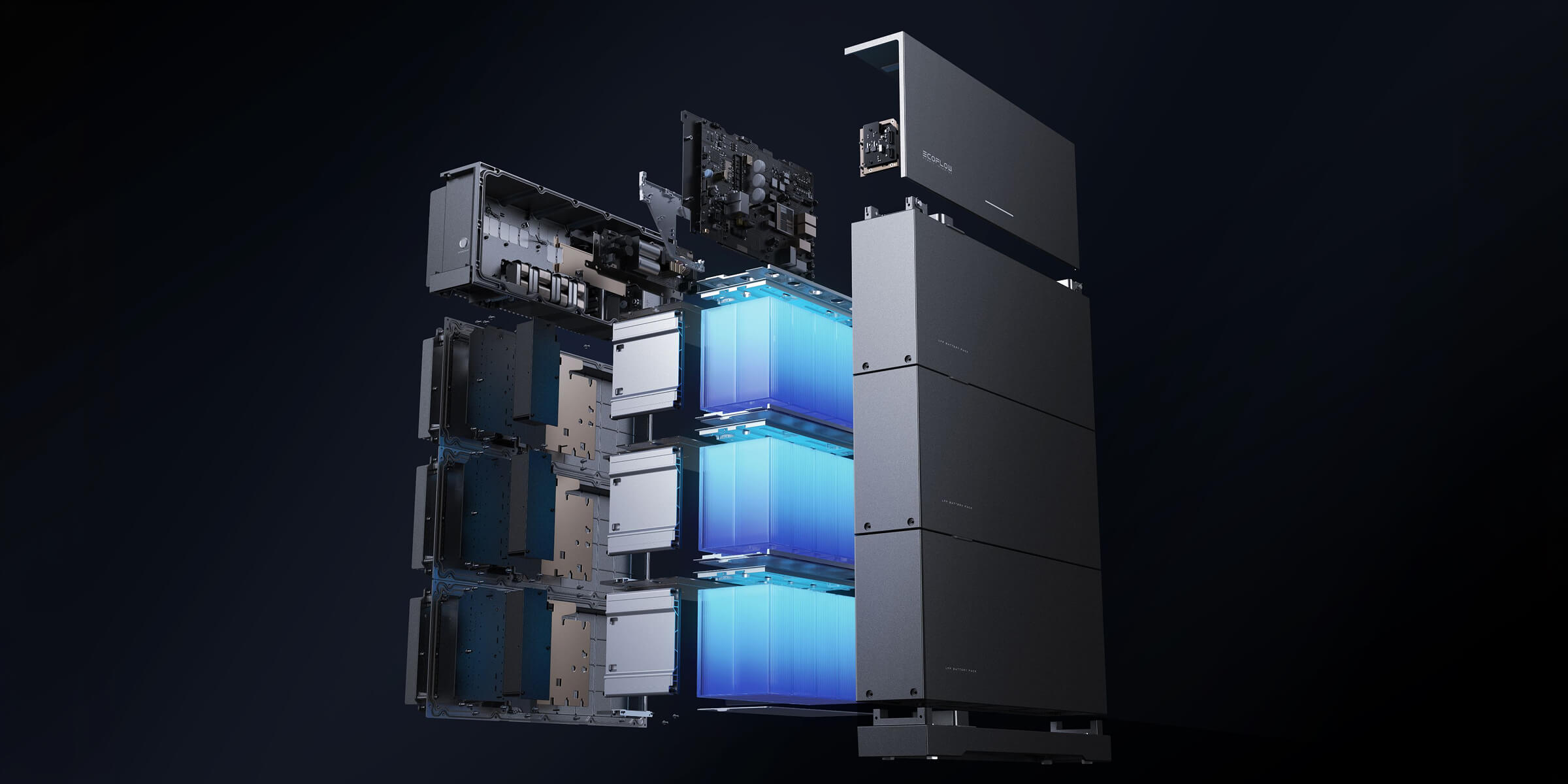 Vue éclatée du système EcoFlow OCEAN 2 : onduleur hybride et modules empilables