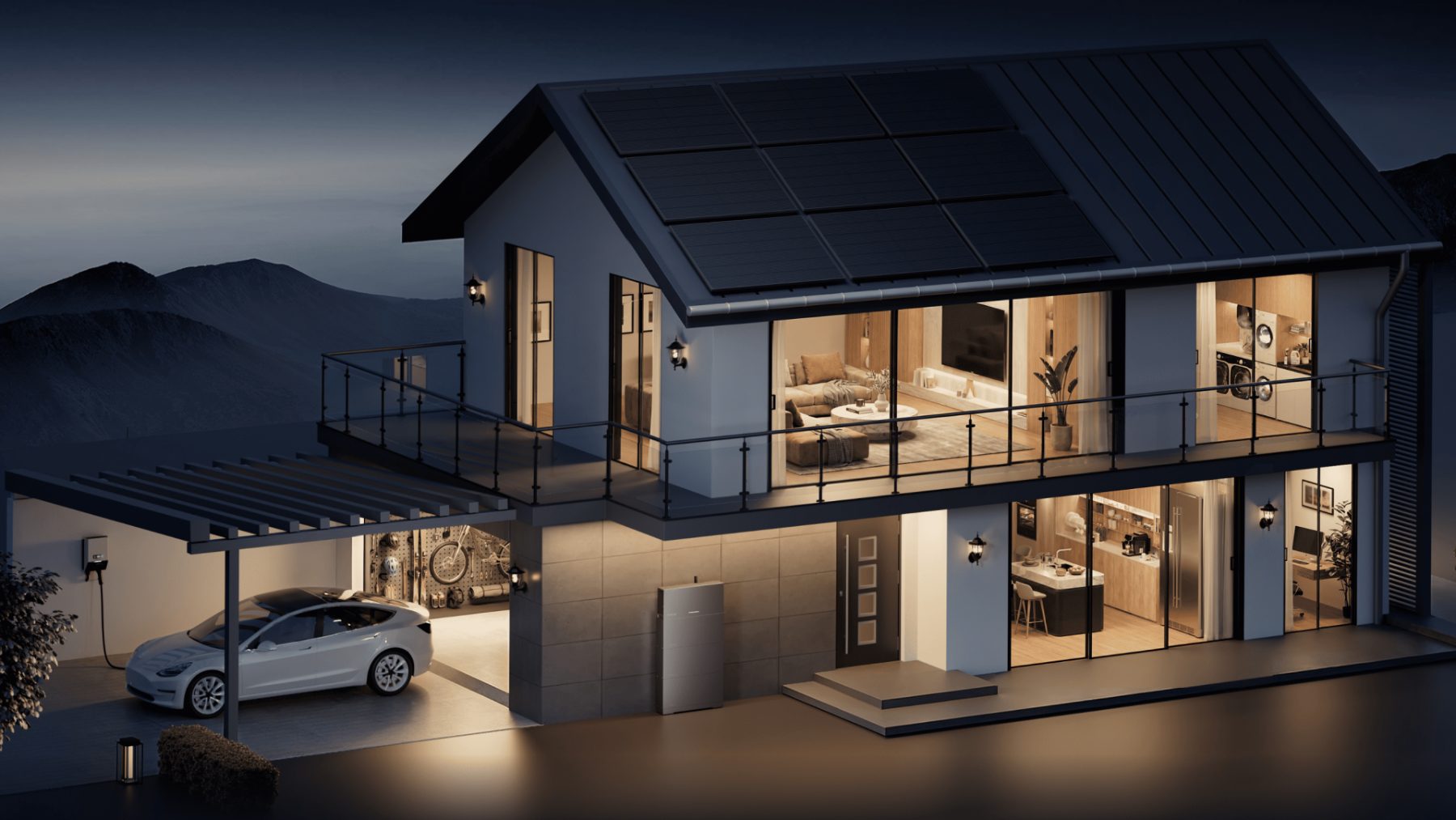 Maison avec panneaux solaires et batterie EcoFlow OCEAN 2 la nuit