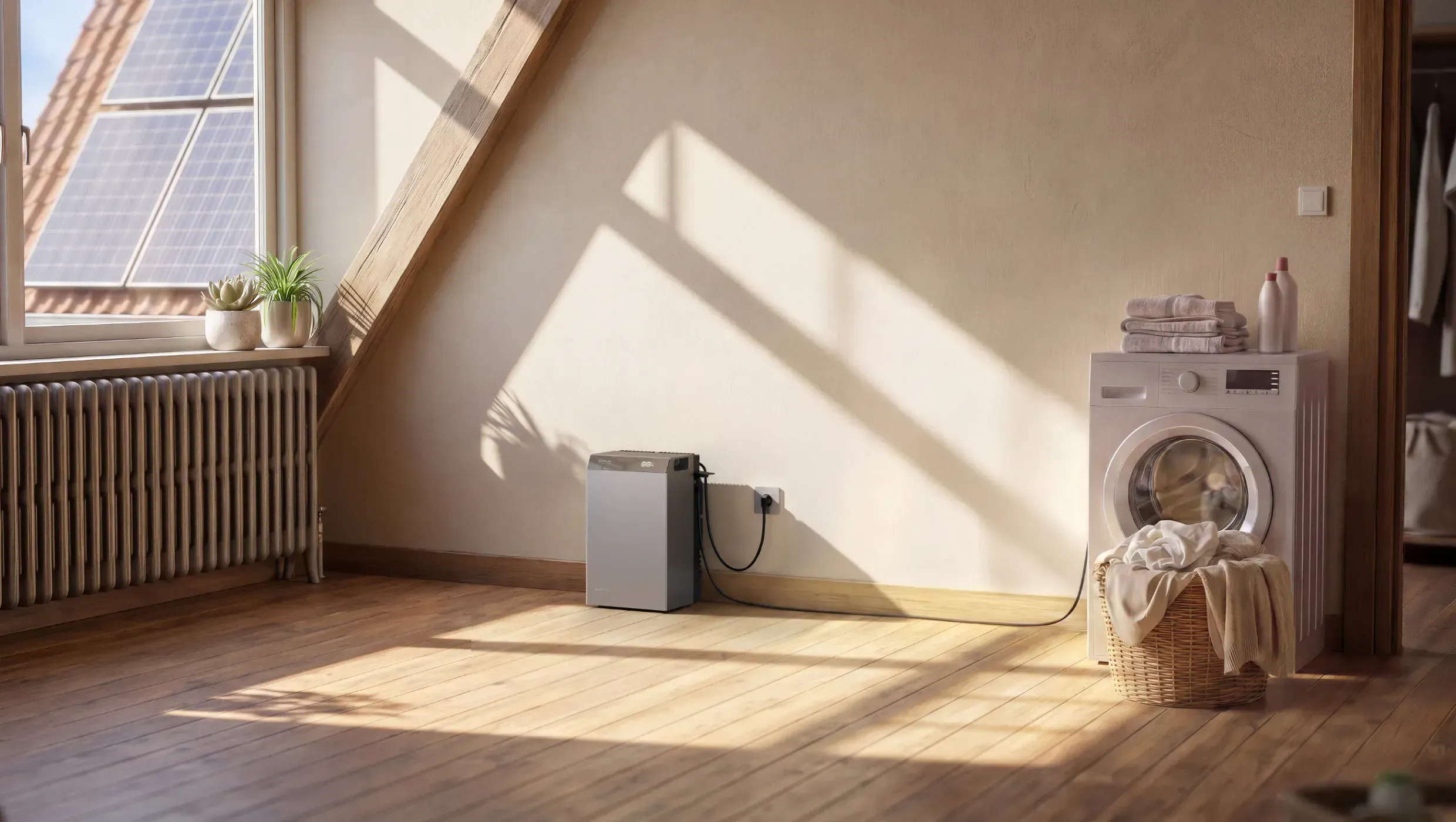 Batterie de stockage solaire installée dans une maison d'Ille-et-Vilaine, panneaux solaires visibles par la fenêtre