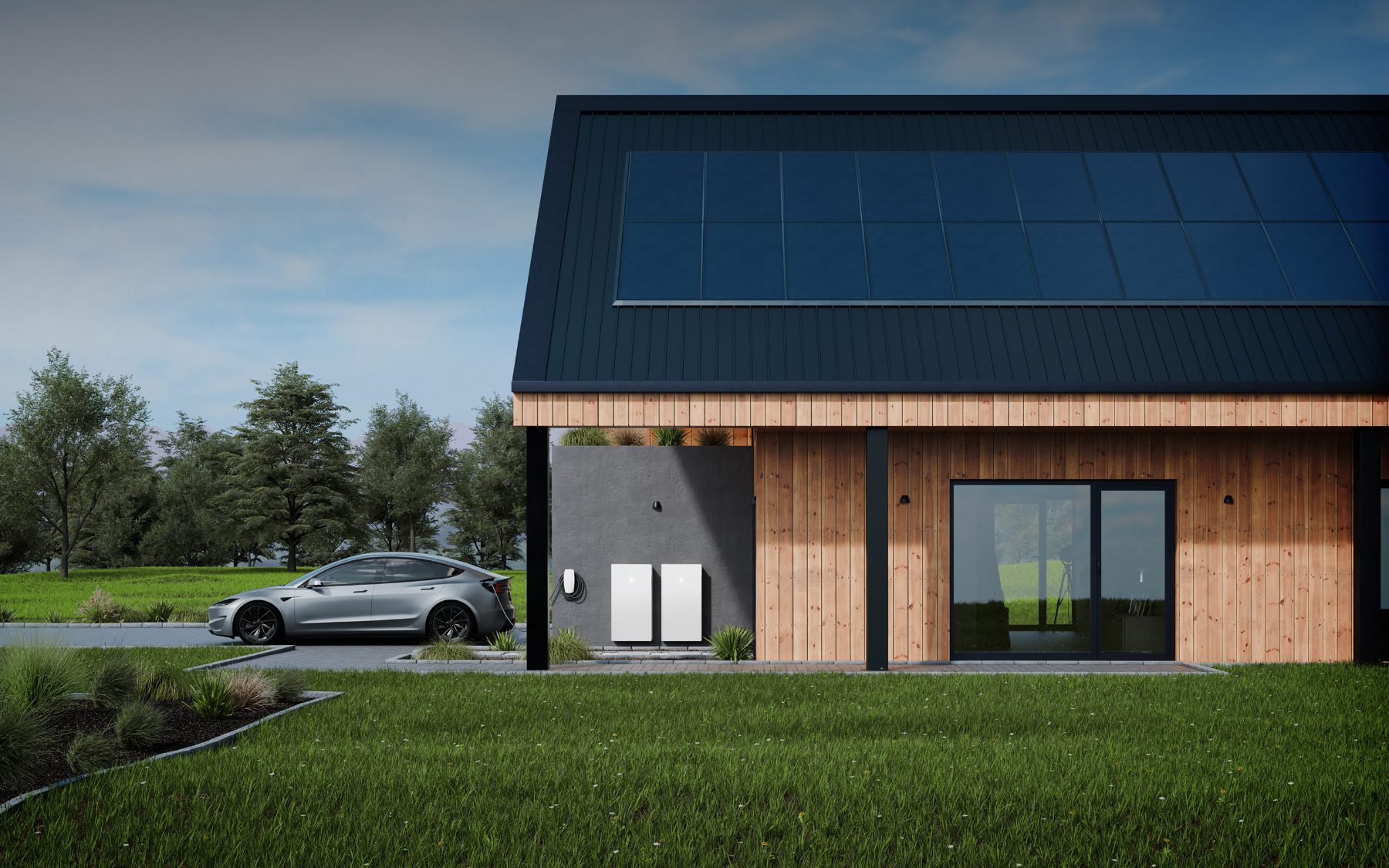 Maison avec panneaux solaires et Tesla Powerwall 3 fixé au mur extérieur