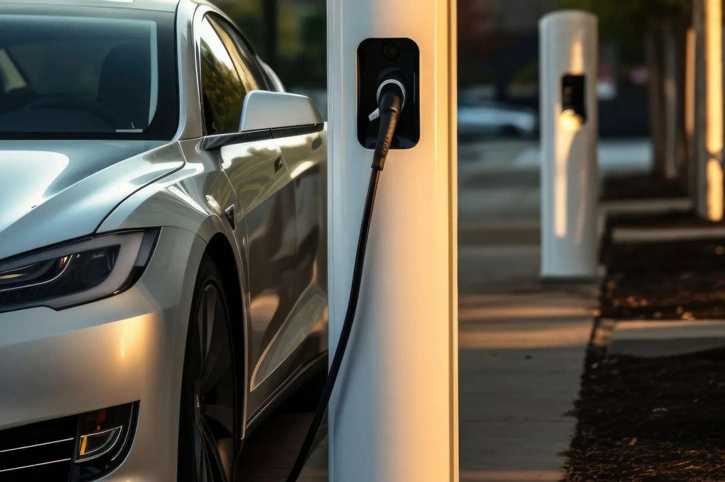 An electric car plugged in to a charging station.