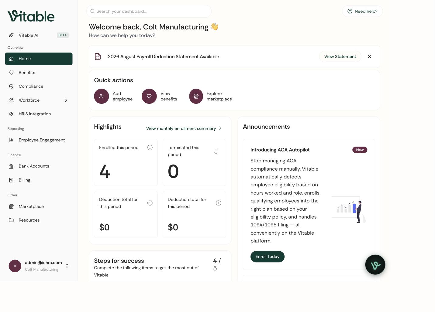 Home dashboard with this month's deduction statement and enrollment highlights