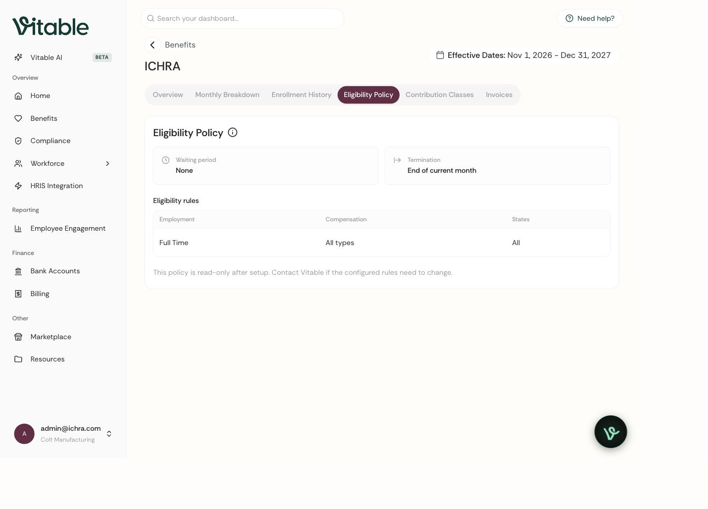 Eligibility policy in the Vitable dashboard